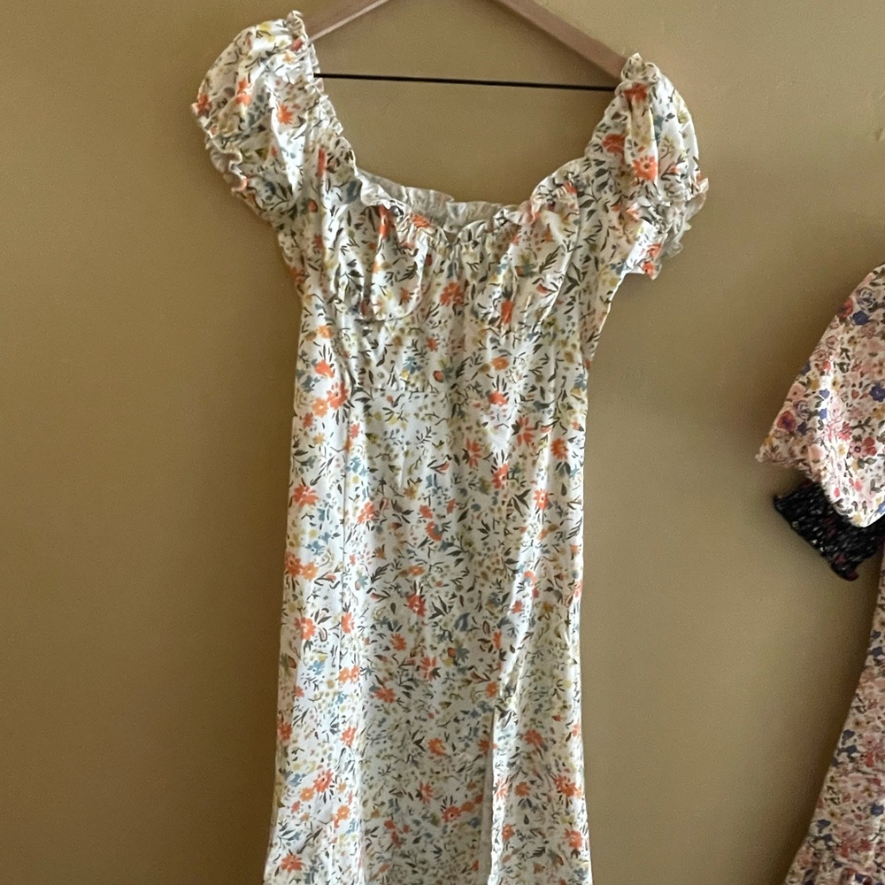 Silky peasant short puff sleeve floral dress midi
